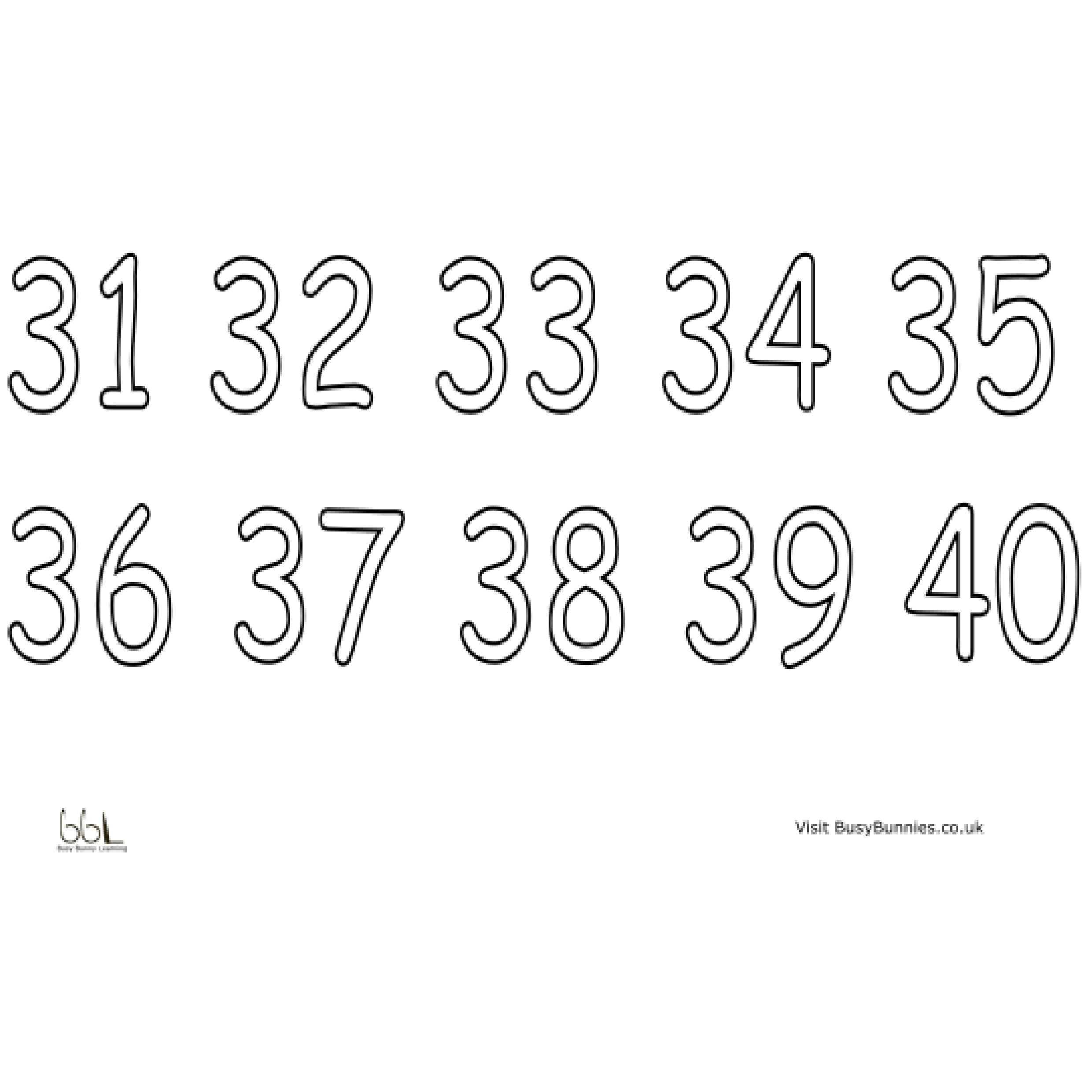 Numbers Colouring Sheet 31-40 - Busy Bunnies Learning