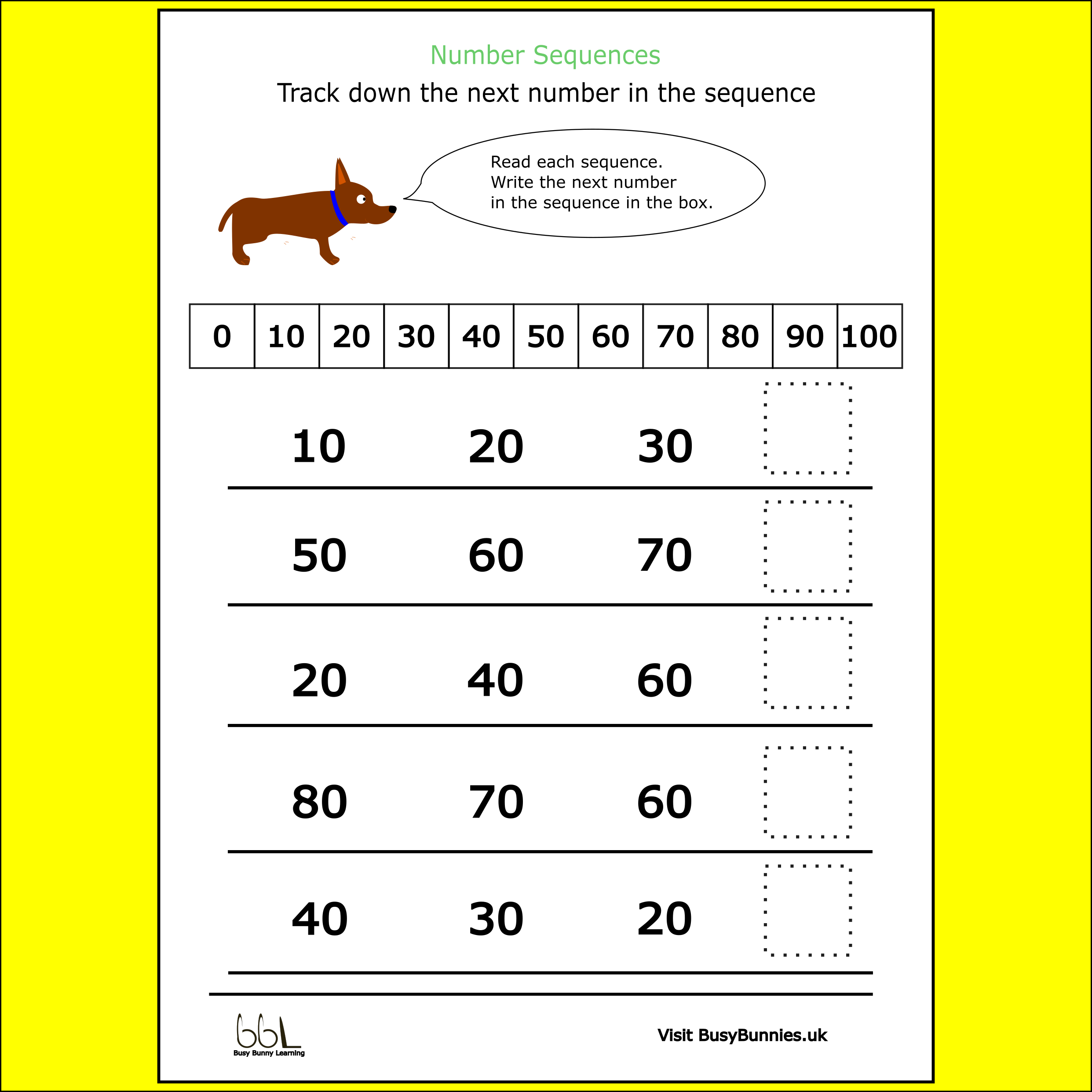 Number Sequence Sheet 0-100