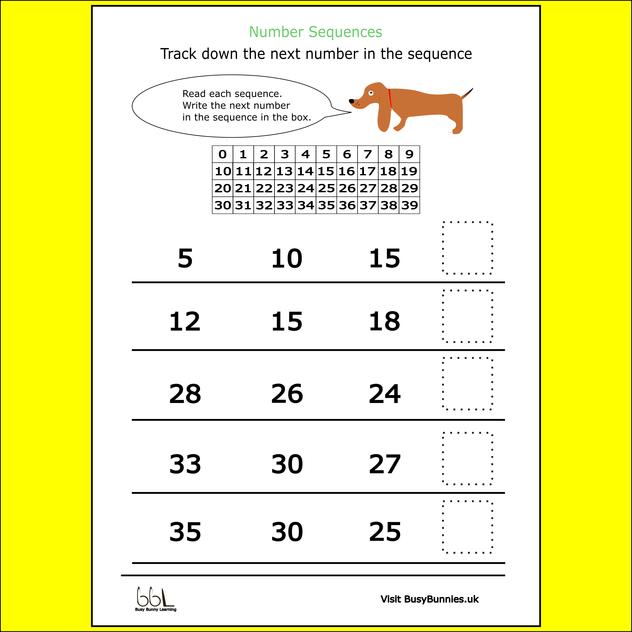 Number Sequence Sheet 0-39